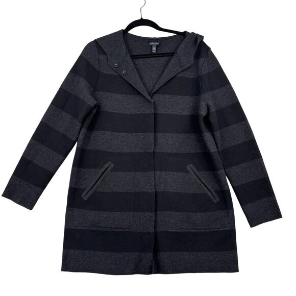 Eileen Fisher Jacket XS Black Gray Stripe Merino Wool Reversible Hooded Snaps - Picture 1 of 11